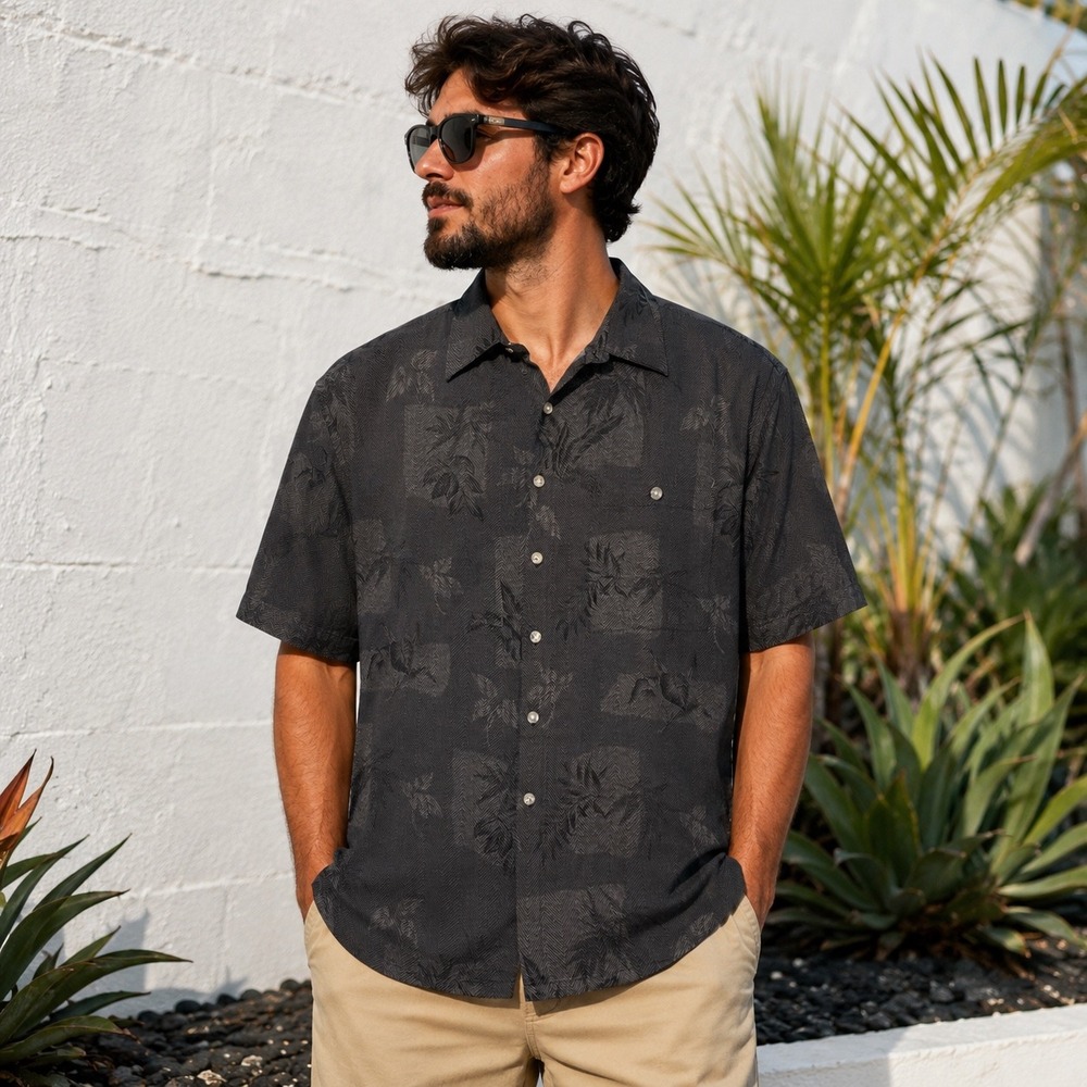 Van Heusen Studio Shirt Men Large Gray Rayon Tropical Floral Short Sleeve Button